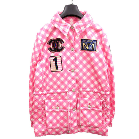 CHANEL Nylon jacket 23C P74093 V65695 Silk, Nylon pink Coat Hoodie Sequins Patch Women 42