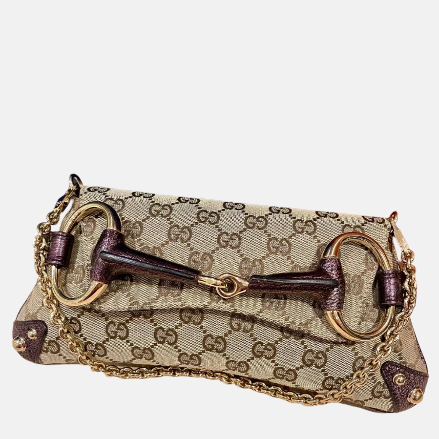 Gucci Horsebit 1955 Chain Bag Gucci Monogram Iridescent Purple Leather and Gold Studs