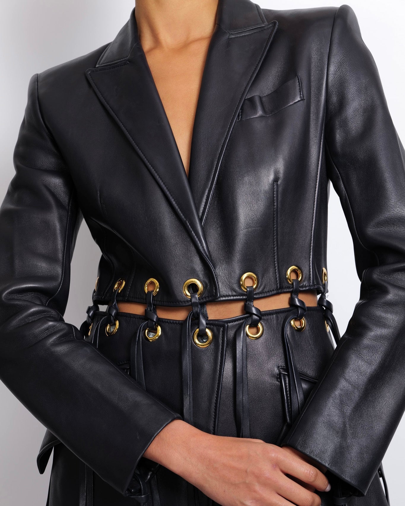 Alexander McQueen Spring 2020 Runway Navy Leather Fringed Trench Coat with Gold Eyelets Details Size IT 38 (UK 6)
