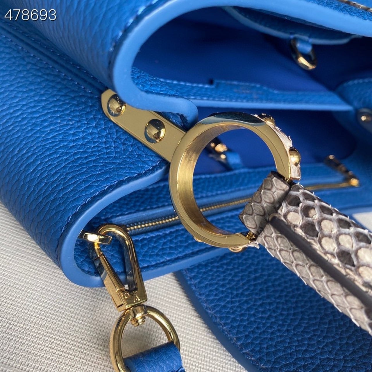 Top Quality Woven Capucines Python Handle Bag 27cm Taurillon Leather Spring/Summer 2021 Collection N98388, Blue