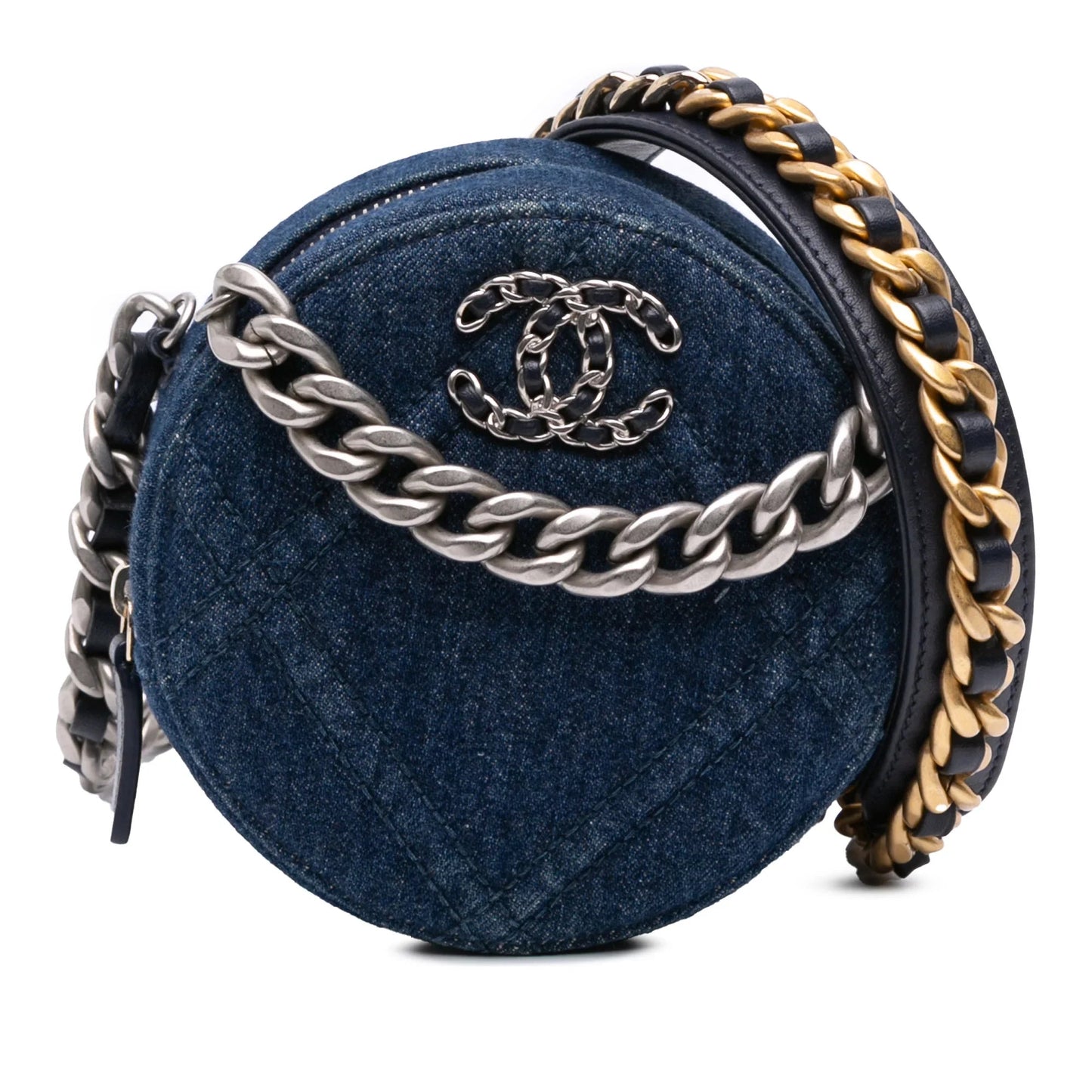 Blue Chanel Denim 19 Round Clutch with Chain Satchel
