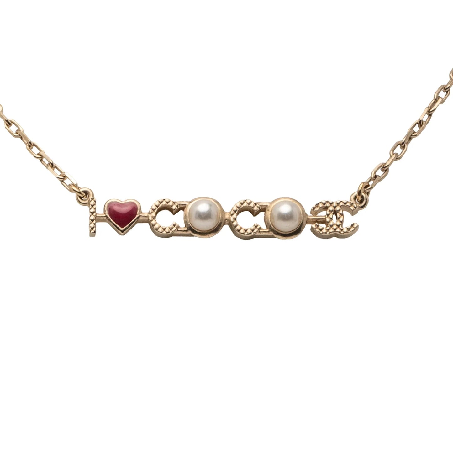 Gold Chanel Gold Plated I Love You Coco Faux Pearl Pendant Necklace
