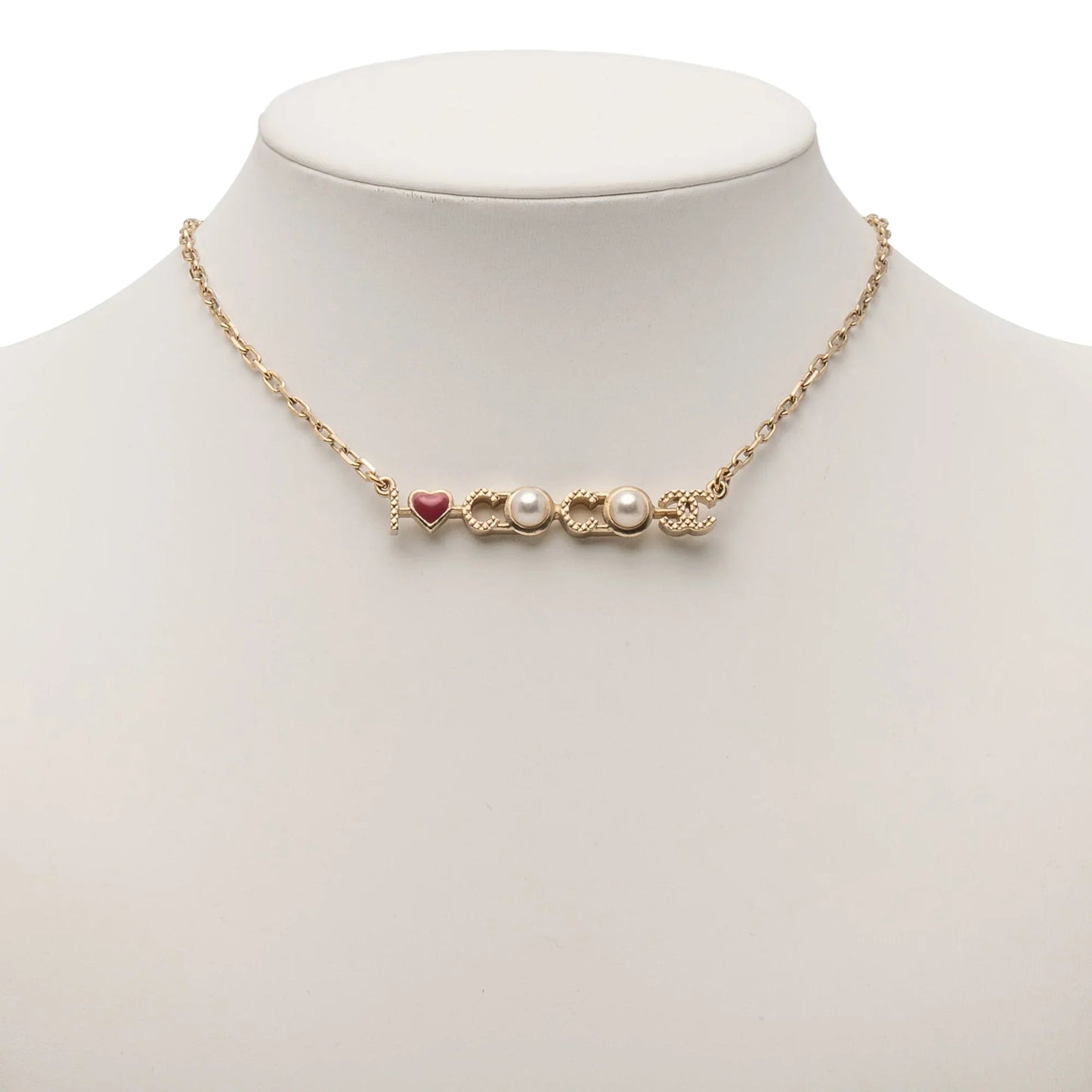 Gold Chanel Gold Plated I Love You Coco Faux Pearl Pendant Necklace