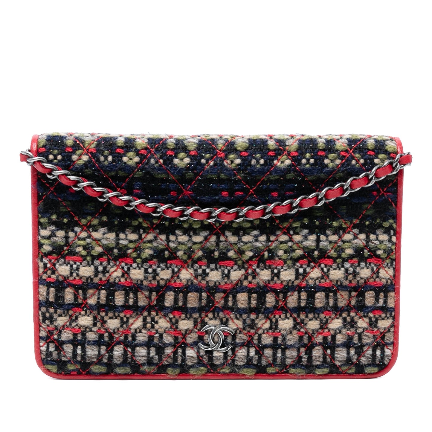 Red Chanel CC Quilted Tweed Wallet On Chain Crossbody Bag