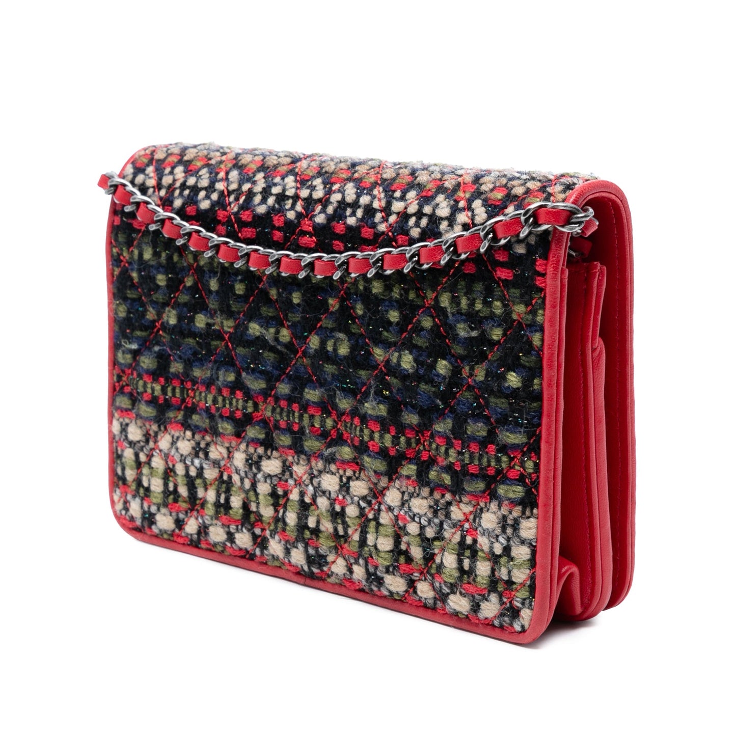 Red Chanel CC Quilted Tweed Wallet On Chain Crossbody Bag