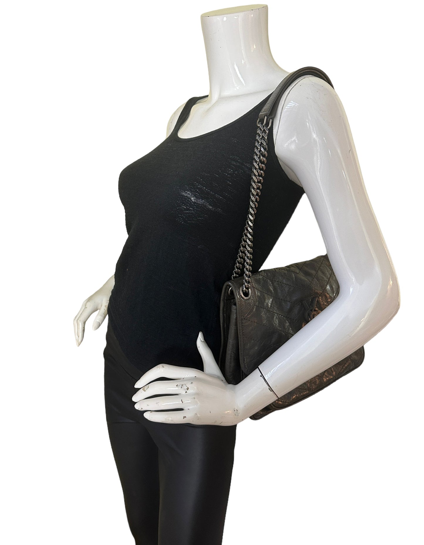 Saint Laurent Fog Grey Crinkled Calfskin Matelasse Monogram Medium Niki Chain Satchel