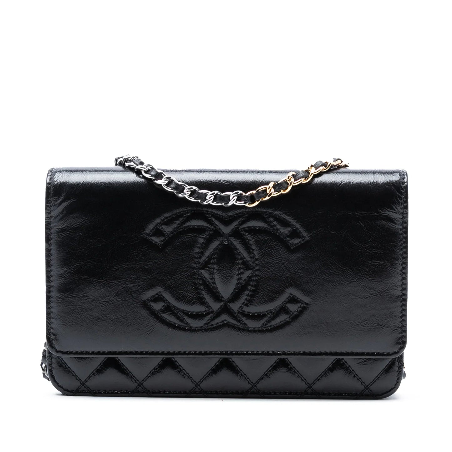 Black Chanel CC Shiny Aged Calfskin Wallet On Chain Crossbody Bag