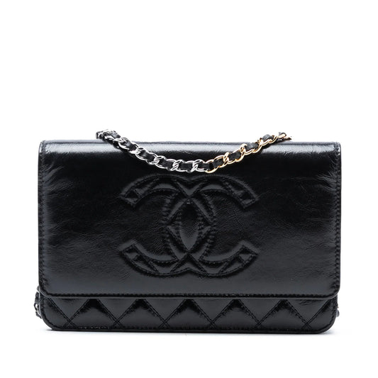 Black Chanel CC Shiny Aged Calfskin Wallet On Chain Crossbody Bag