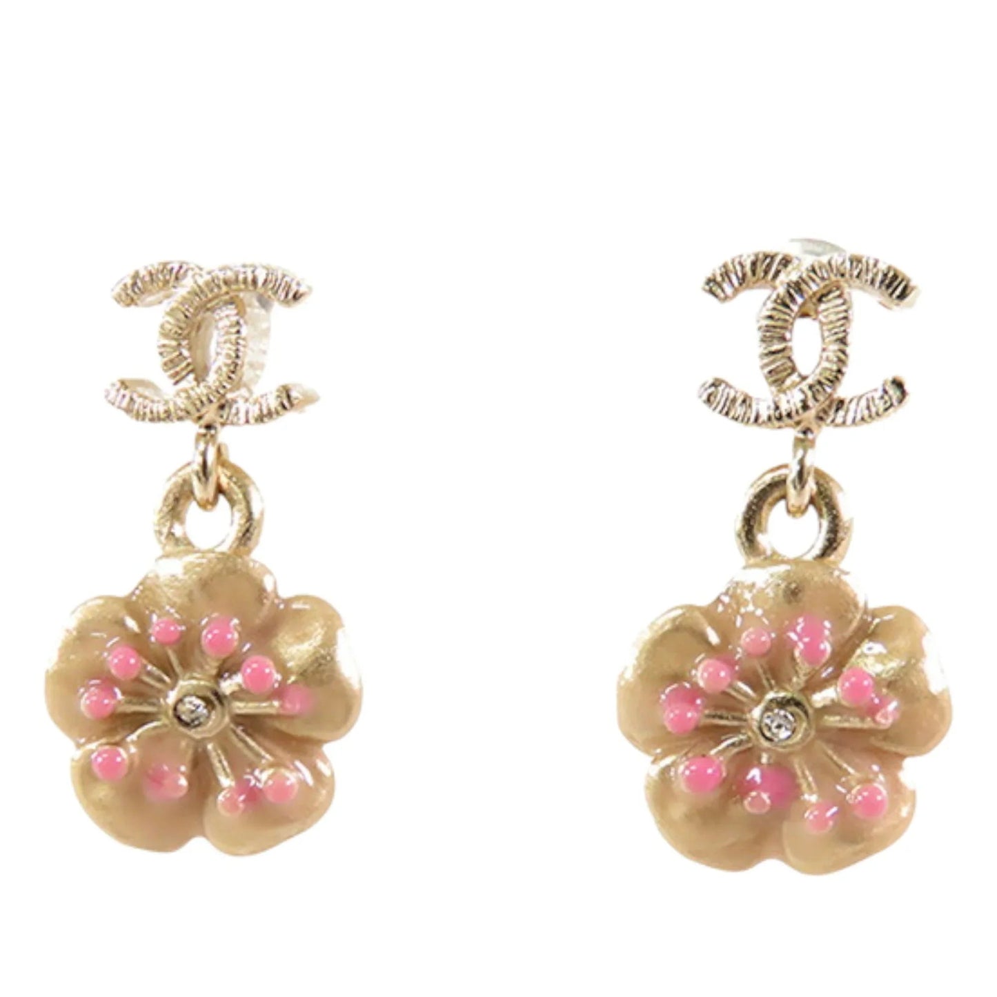 Gold Chanel Gold Plated Enamel and Rhinestone CC Flower Drop Push Back Earrings