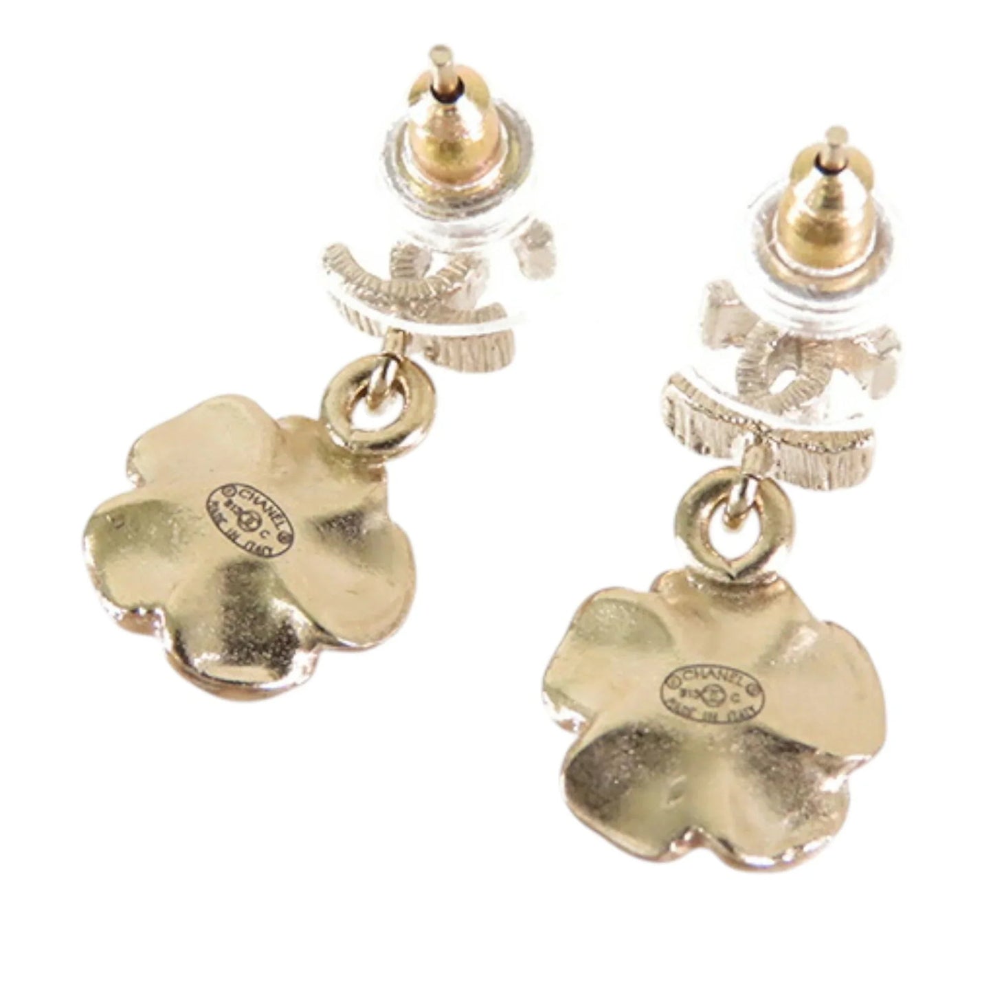 Gold Chanel Gold Plated Enamel and Rhinestone CC Flower Drop Push Back Earrings