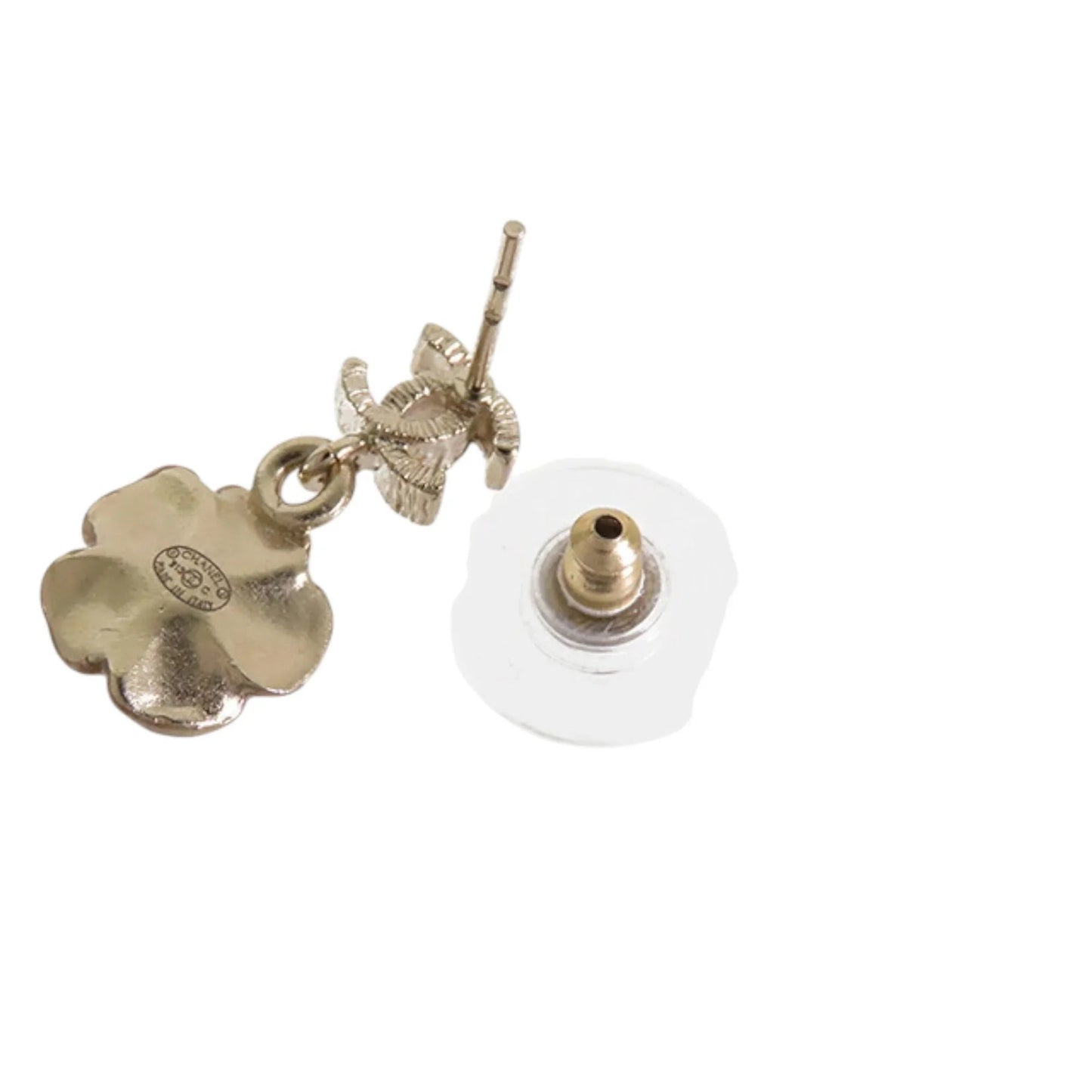 Gold Chanel Gold Plated Enamel and Rhinestone CC Flower Drop Push Back Earrings
