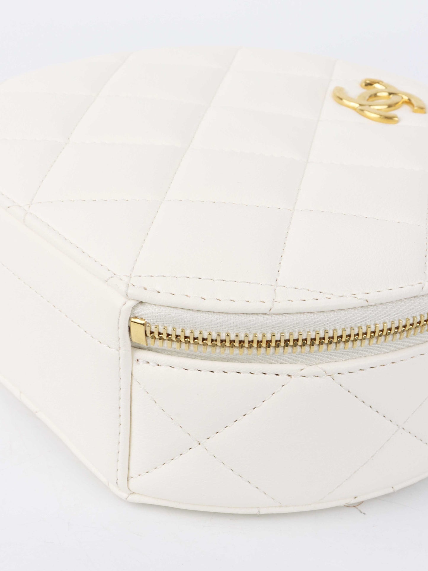 Chanel White Round Vanity with Chain Ring Handle.