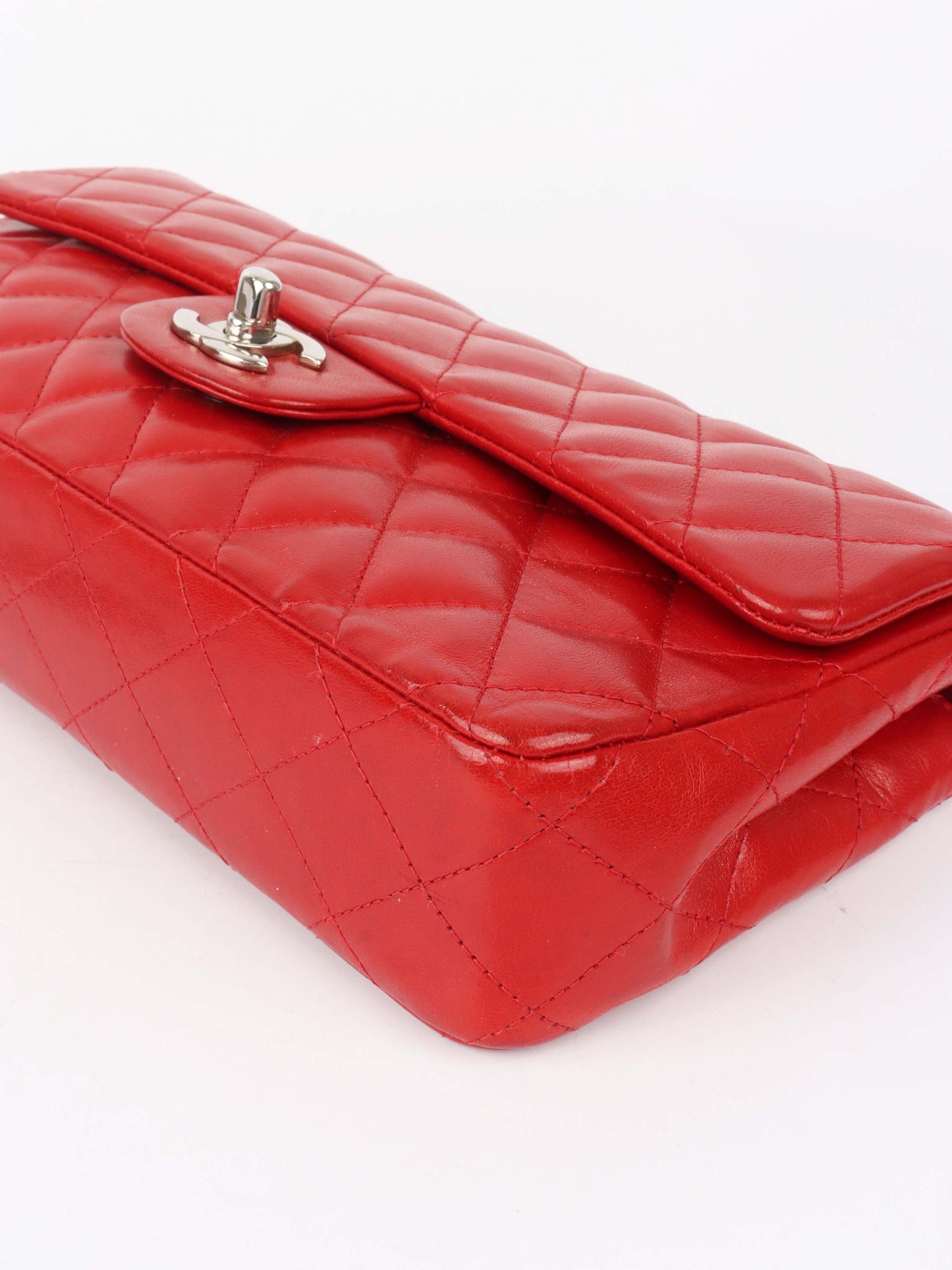 Chanel Red Lambskin East West Classic Flap Bag.