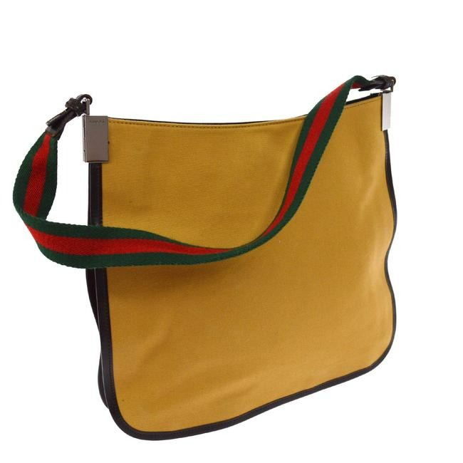 Gucci   Tan Canvas And Brown Leather With A Red Green Striped Strap Hobo