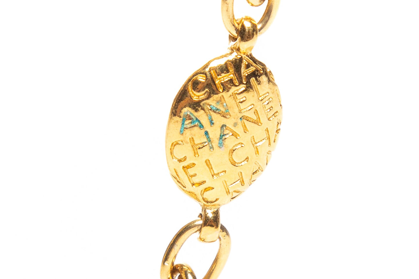 Chanel   1980s Single Gold Chain Engraved Oval Link Necklace