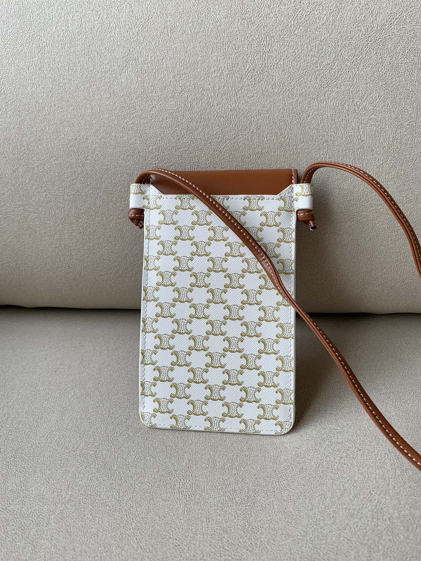 Top Quality Phone Pouch With Top Qualityap In Triomphe Canvas And Lambskin White/Tan For Women 7in/18cm 10G332CQD.01TA