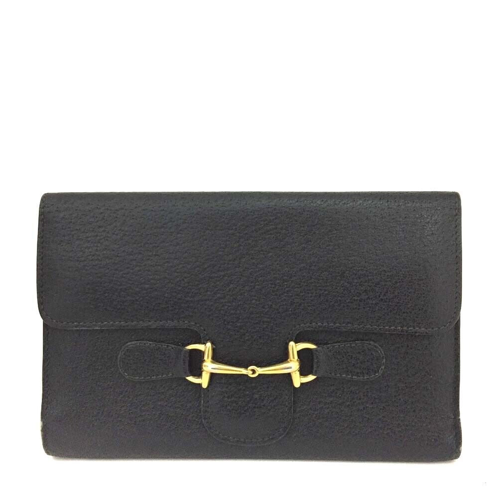 Unique,  , Gucci, RARE, black leather, clutch style purse or extra large wallet with a gold horse-bit accent at the clasp