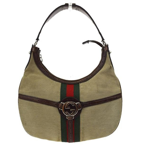 Gucci   Khaki Canvas W Red Green Accent Leather Canvas Hobo Bag