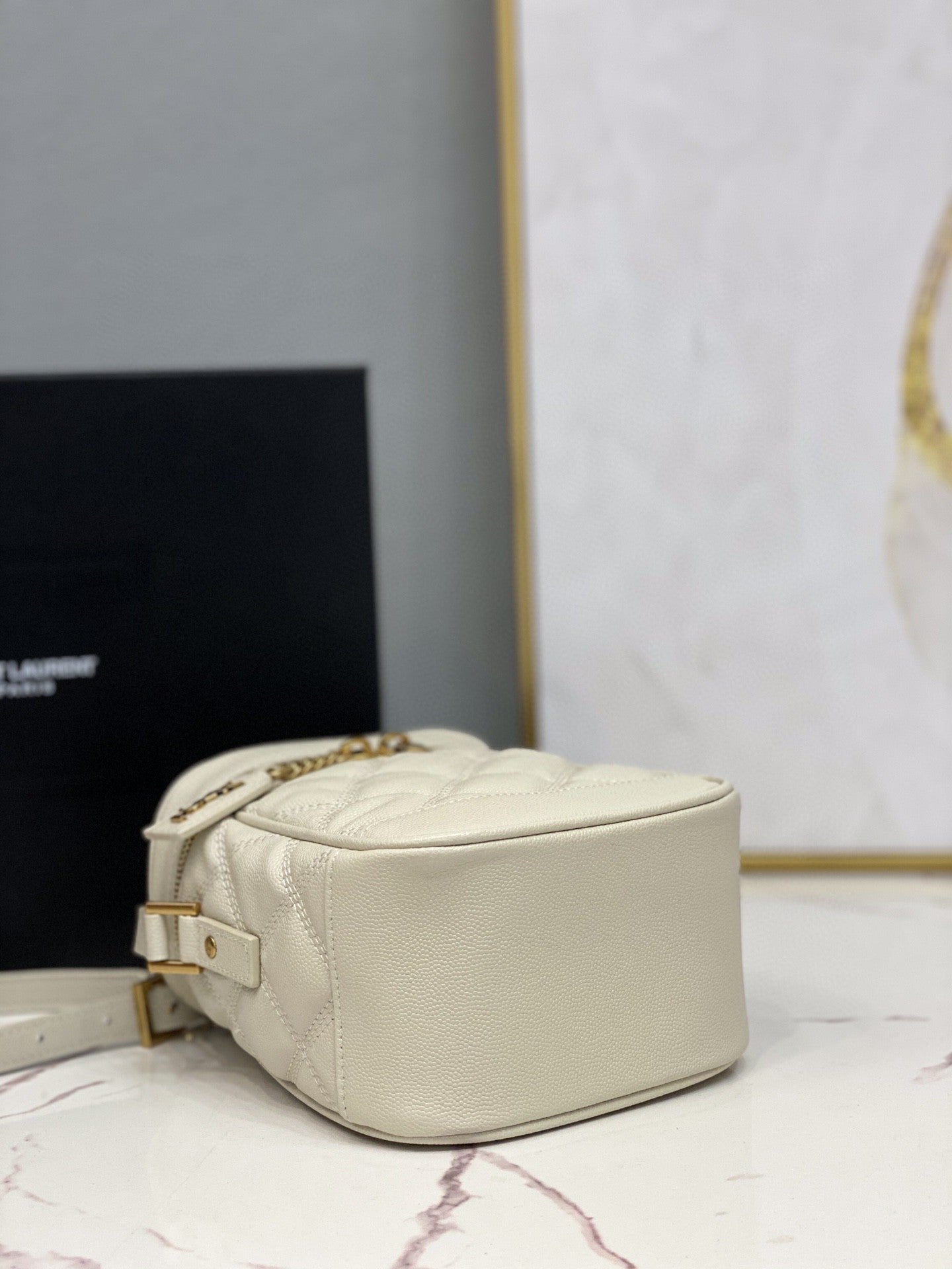 YSSL 80’s Vanity Bag In Carré-Quilted Grain De Poudre White For Women 6in/16.5cm YSL 649779DME279207