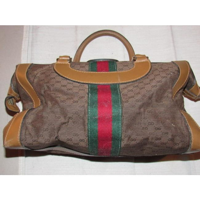 Gucci   Dark Brown Small G Logo Print Fabric And Camel Leather With Red
