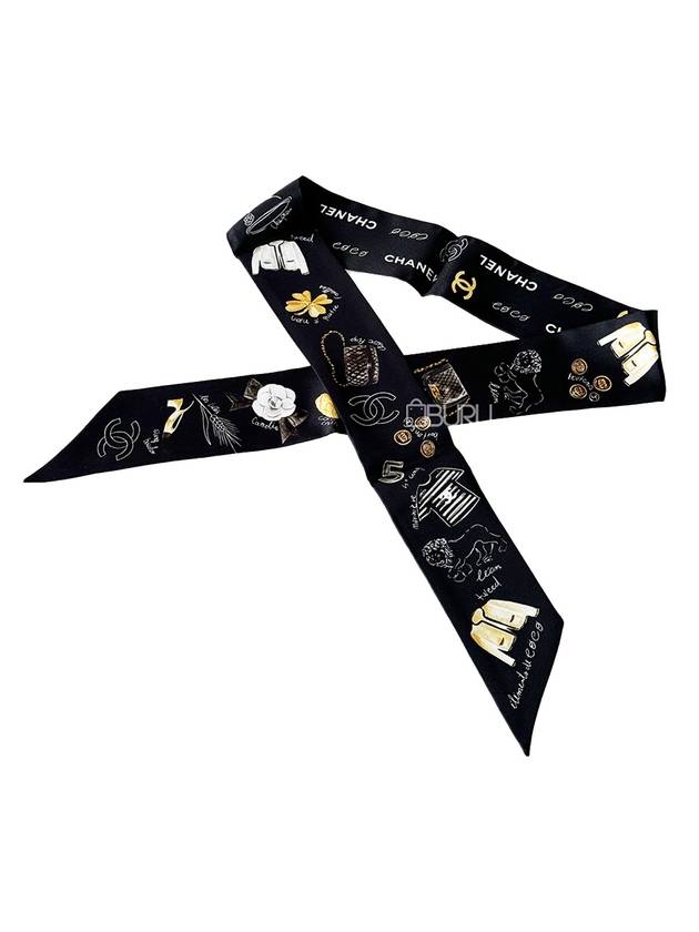 CC Logo Signature Printed Silk Twilly Bandeau Scarf Black Chanel