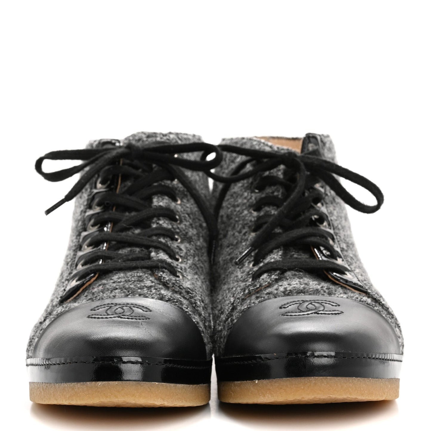 Chanel Wool Calfskin CC Lace Up Short Boots 37.5 Grey Black