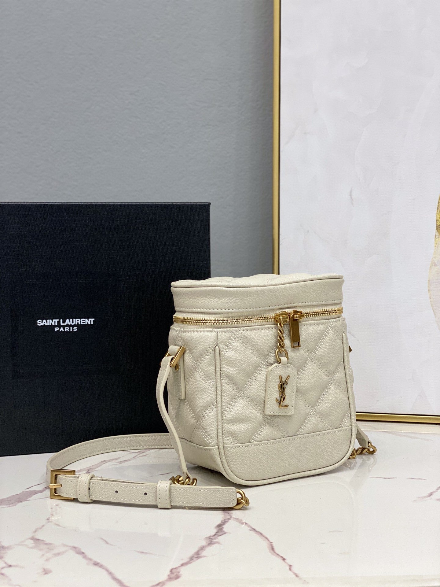 YSSL 80’s Vanity Bag In Carré-Quilted Grain De Poudre White For Women 6in/16.5cm YSL 649779DME279207