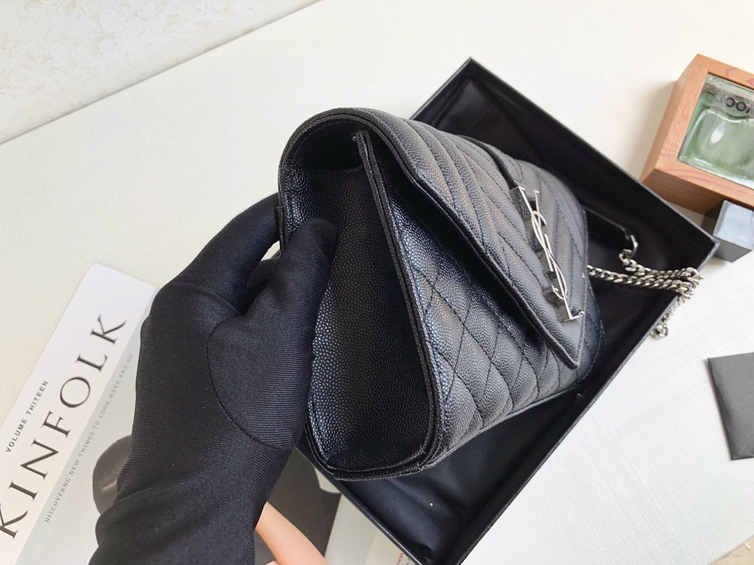 Top Quality Envelope Small Bag In Mix Matelassé Grain De Poudre Black For Women 8.2in/21cm YSL 600195BOW921000