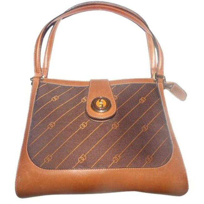 Gucci   Shades Of Brown With Diagonal Rust Logo Print Leather Satchel