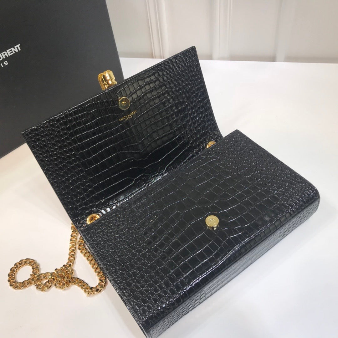 YSSL Kate Medium Chain Bag With Tassel In Embossed Crocodile Black For Women 9in/24cm YSL 354119DND0J1000