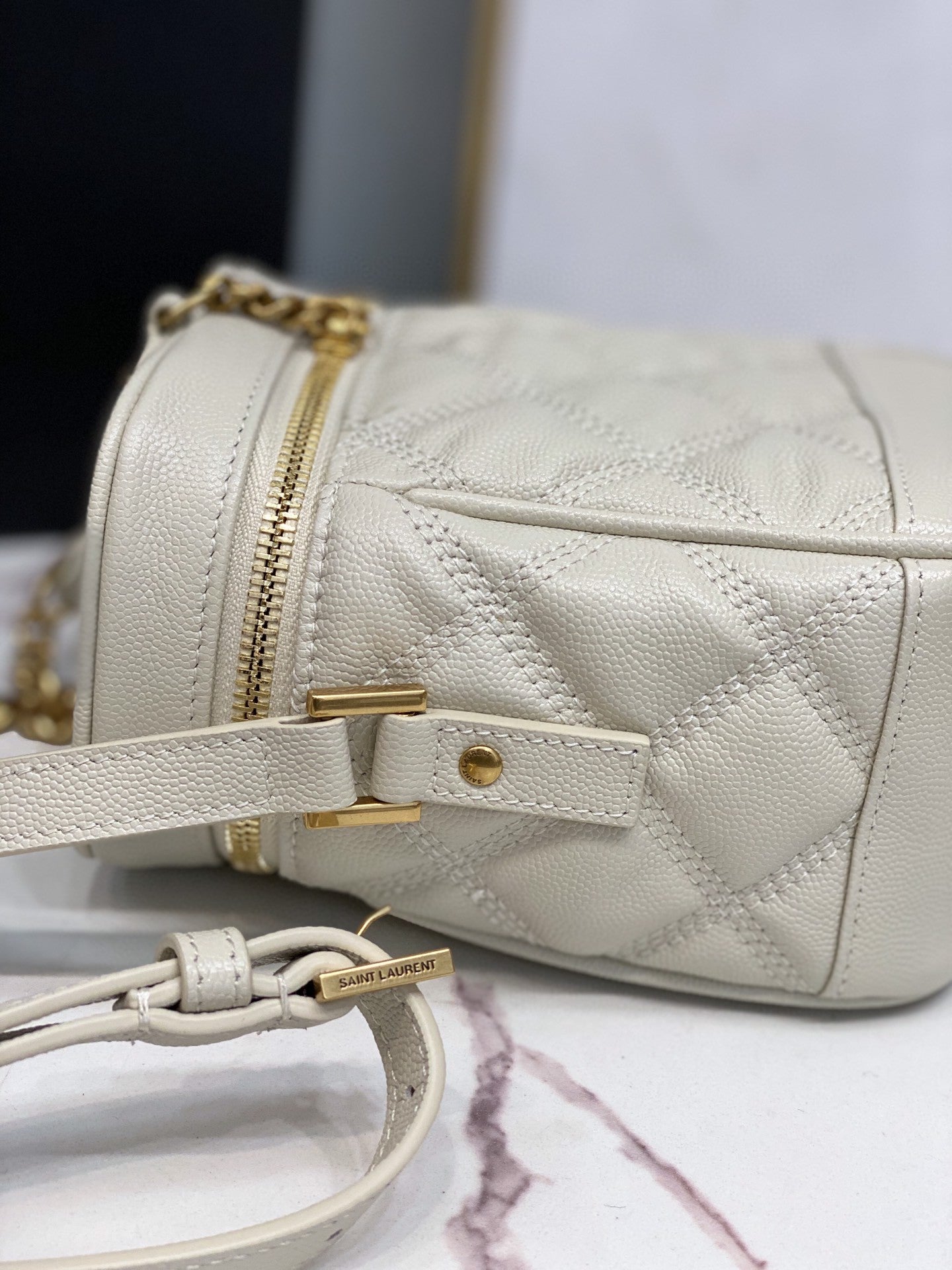 YSSL 80’s Vanity Bag In Carré-Quilted Grain De Poudre White For Women 6in/16.5cm YSL 649779DME279207