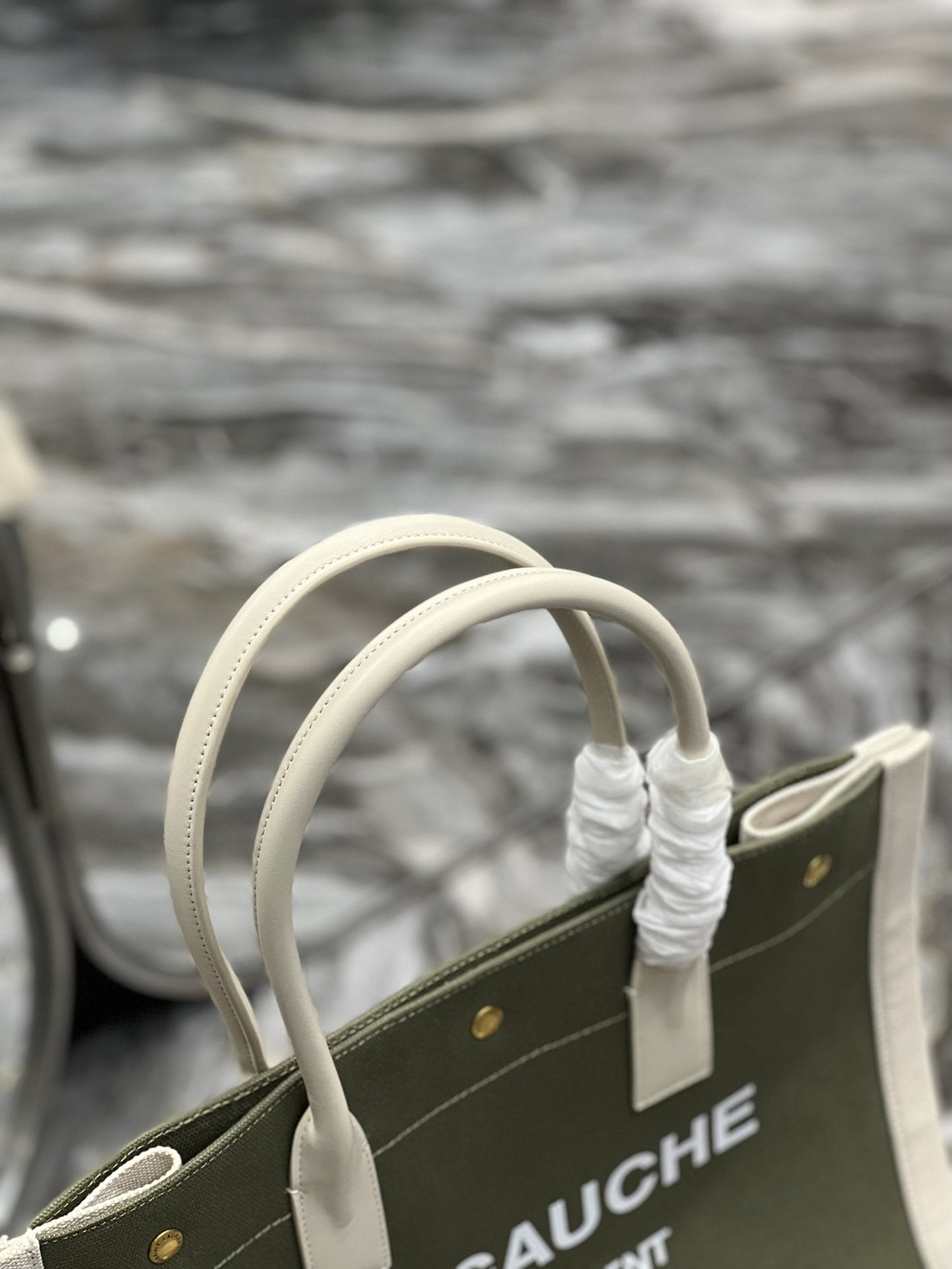 YSSL Rive Gauche Small Tote Bag In Linen Military Green For Women 15in/39cm YSL 617481FAADI3281