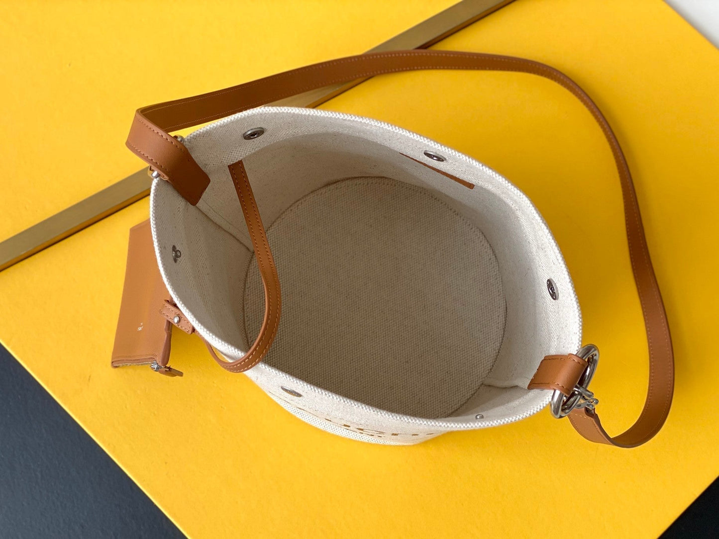 YSSL Rive Gauche Bucket Bag In Linen With Brown Strap For Women 11in/30cm YSL 669299FAABK9053