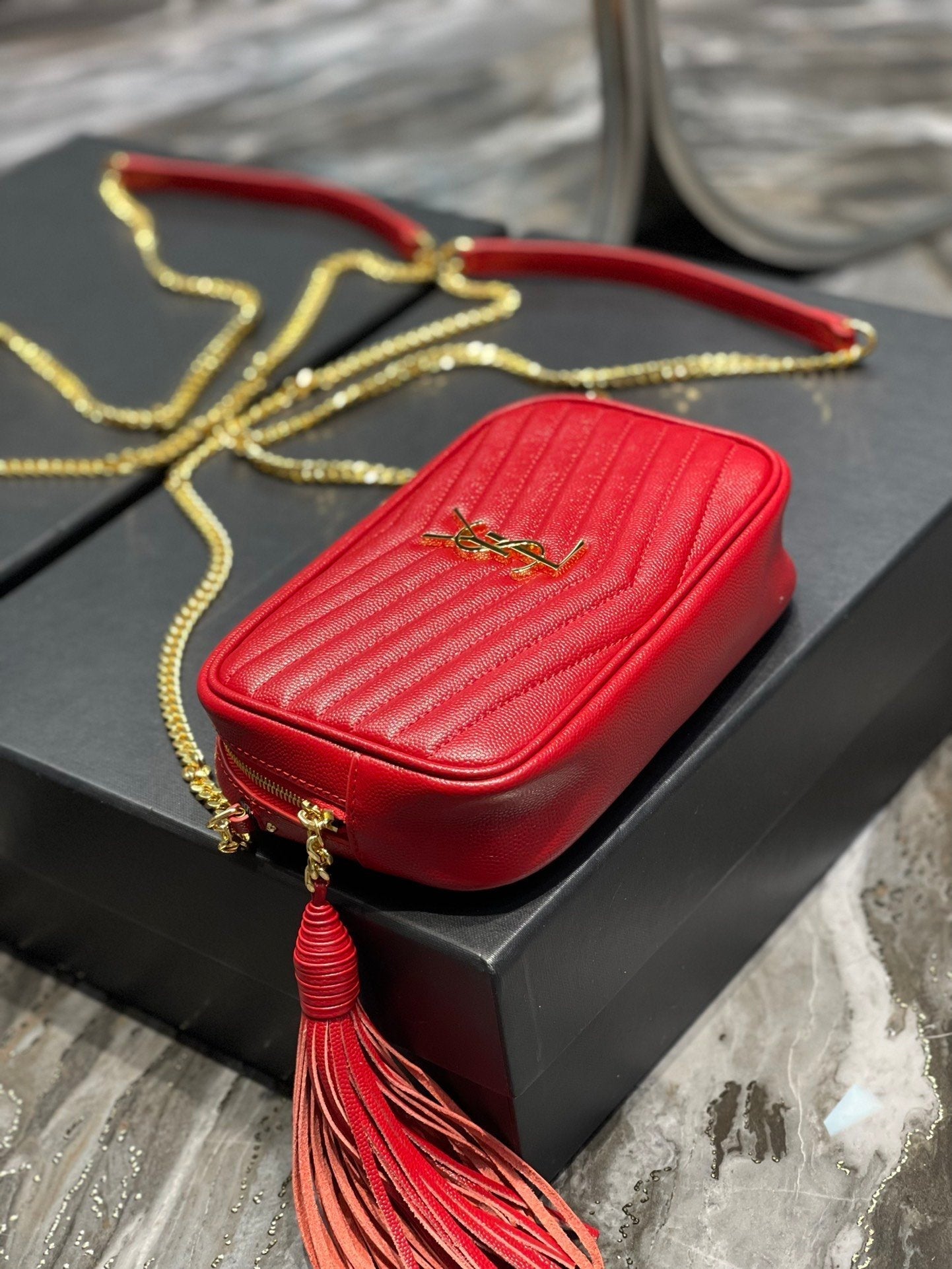 Top Quality Lou Mini Bag Red In Quilted Grain De Poudre With Gold Hardware For Women 7.4in/19cm YSl 6125791GF076008