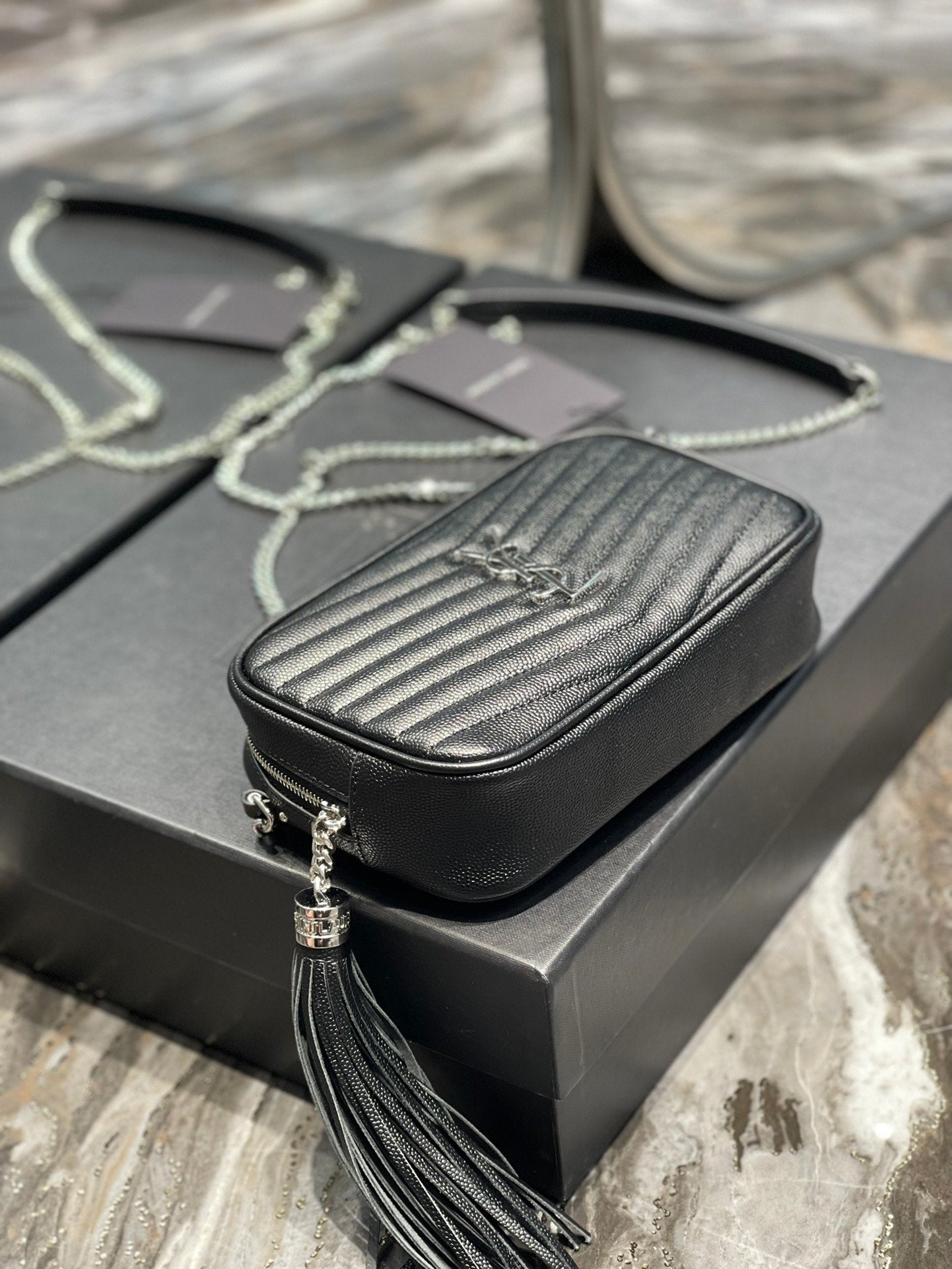 YSSL Lou Mini Bag Black In Quilted Grain De Poudre With Silver Toned Hardware For Women 7in/19cm YSl 6125791GF021000