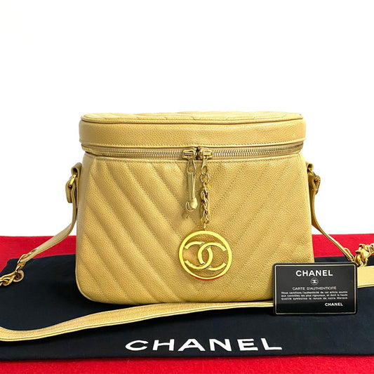 CHANEL Shoulder Bag Matt caviar skin beige Vstitch