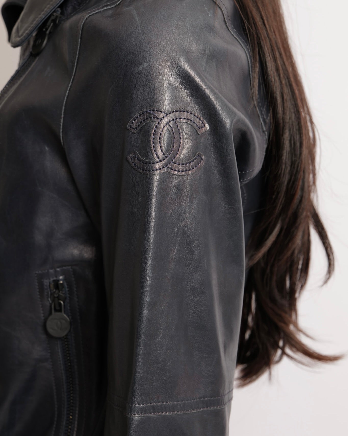 Chanel Navy Calfskin Leather Jacket with Quilted Details and Black CC Logo Buttons Size FR 34 (UK 6)
