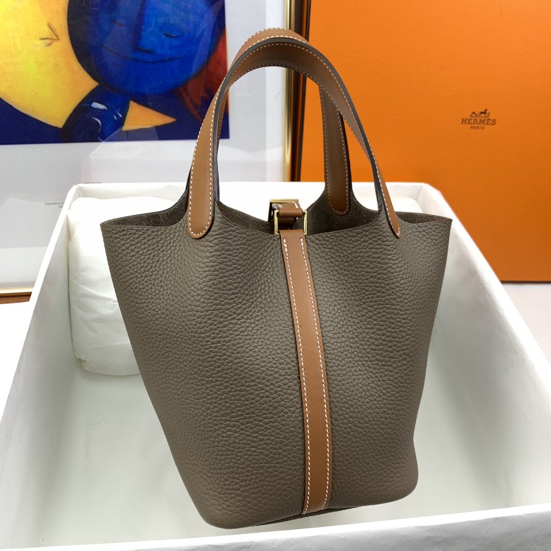 Top Quality Picotin Lock 18 Bag Etoupe/Brown With Gold-Toned Hardware For Women, Handbags 7.1in/18cm