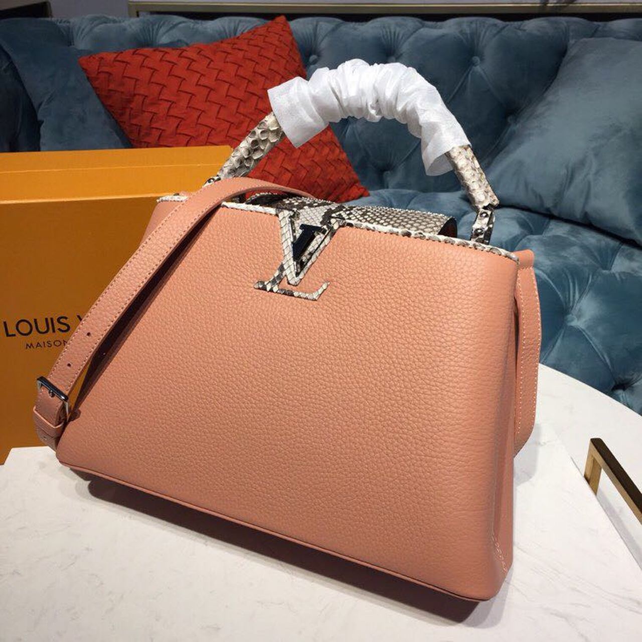 Top Quality Capucines PM Taurillon And Python Magnolia Pink For Women,  Shoulder And Crossbody Bags 10.4in/27cm Top Quality