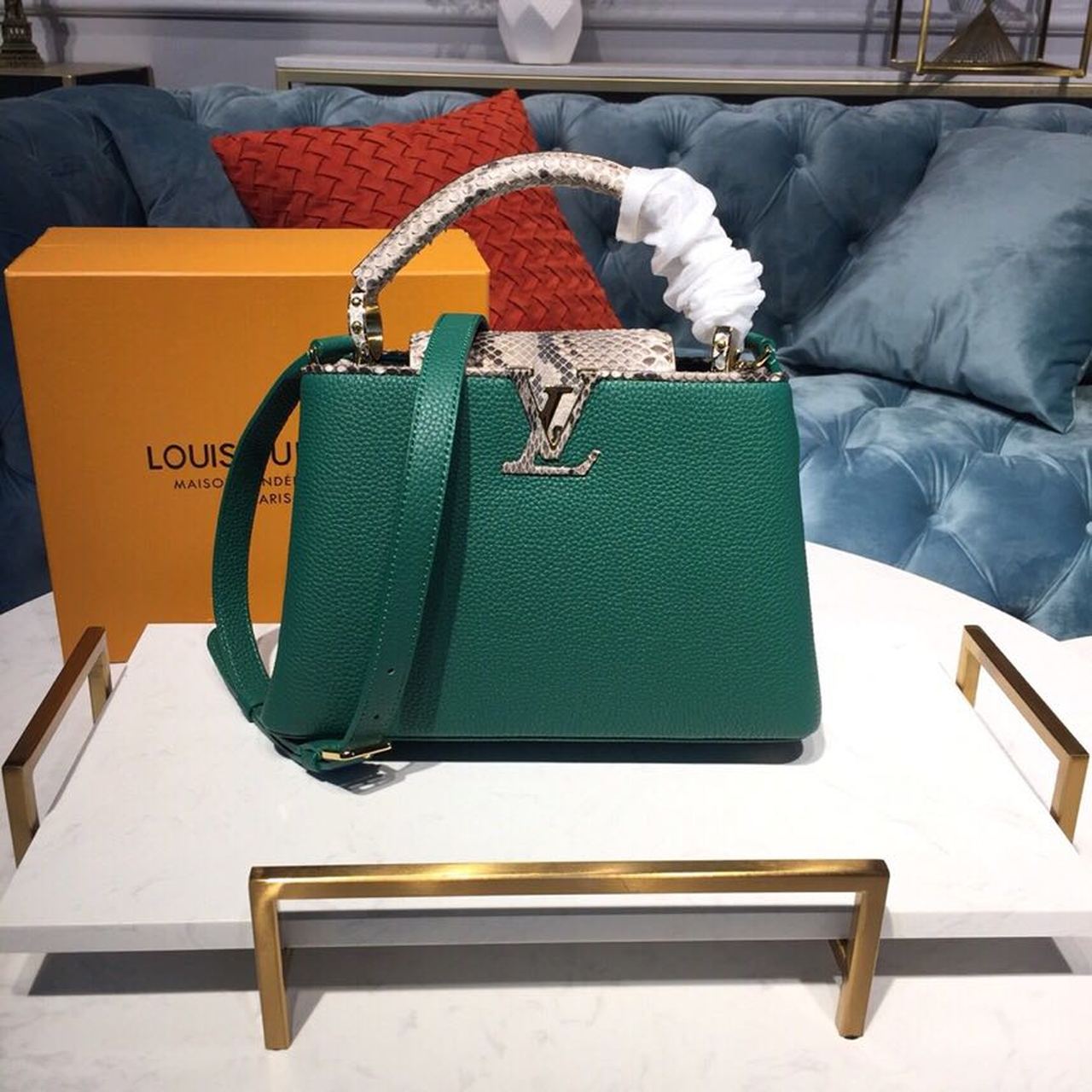 Top Quality Capucines BB Taurillon And Python Green For Women,  Shoulder And Crossbody Bags 10.6in/27cm Top Quality