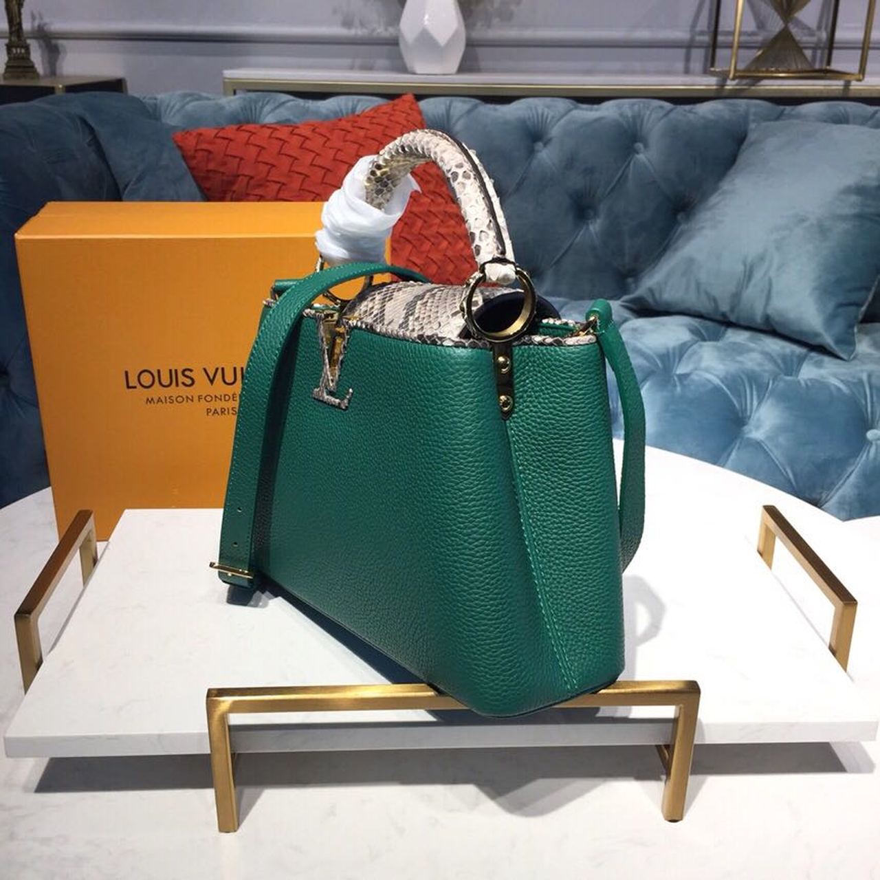 Top Quality Capucines BB Taurillon And Python Green For Women,  Shoulder And Crossbody Bags 10.6in/27cm Top Quality