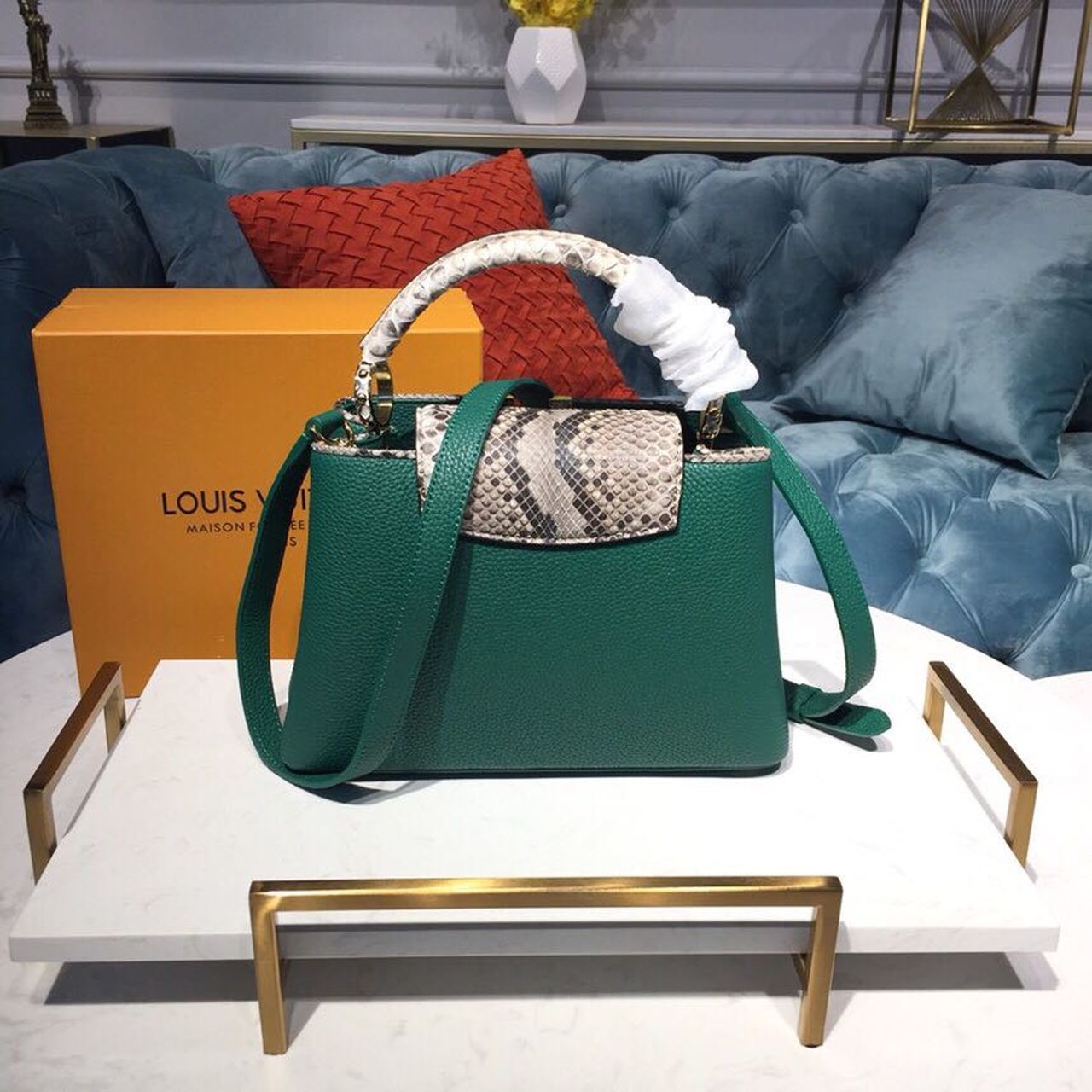 Top Quality Capucines BB Taurillon And Python Green For Women,  Shoulder And Crossbody Bags 10.6in/27cm Top Quality
