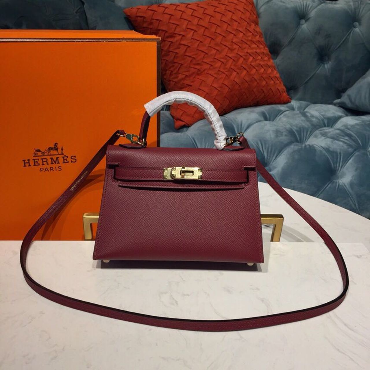 Top Quality Mini Kelly Burgundy For Women Gold Toned Hardware 7.5in/19cm