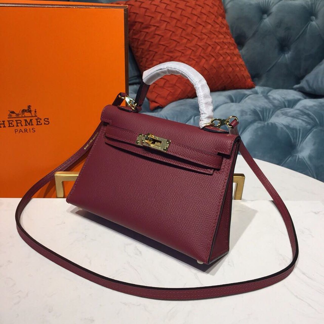 Top Quality Mini Kelly Burgundy For Women Gold Toned Hardware 7.5in/19cm