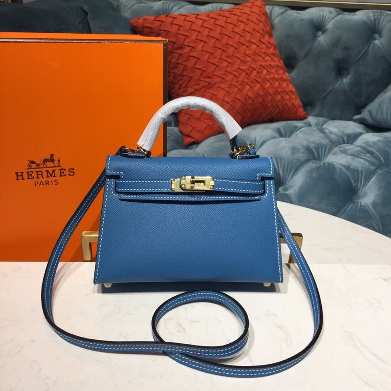Top Quality Mini Kelly Blue Zanzibar For Women Gold Toned Hardware 7.5in/19cm
