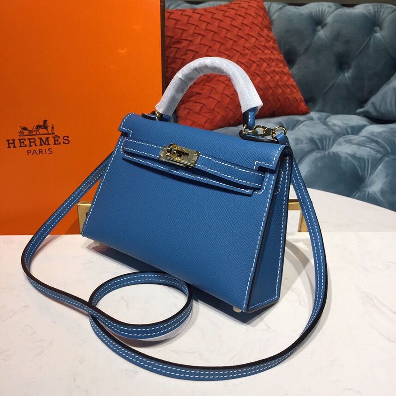 Top Quality Mini Kelly Blue Zanzibar For Women Gold Toned Hardware 7.5in/19cm