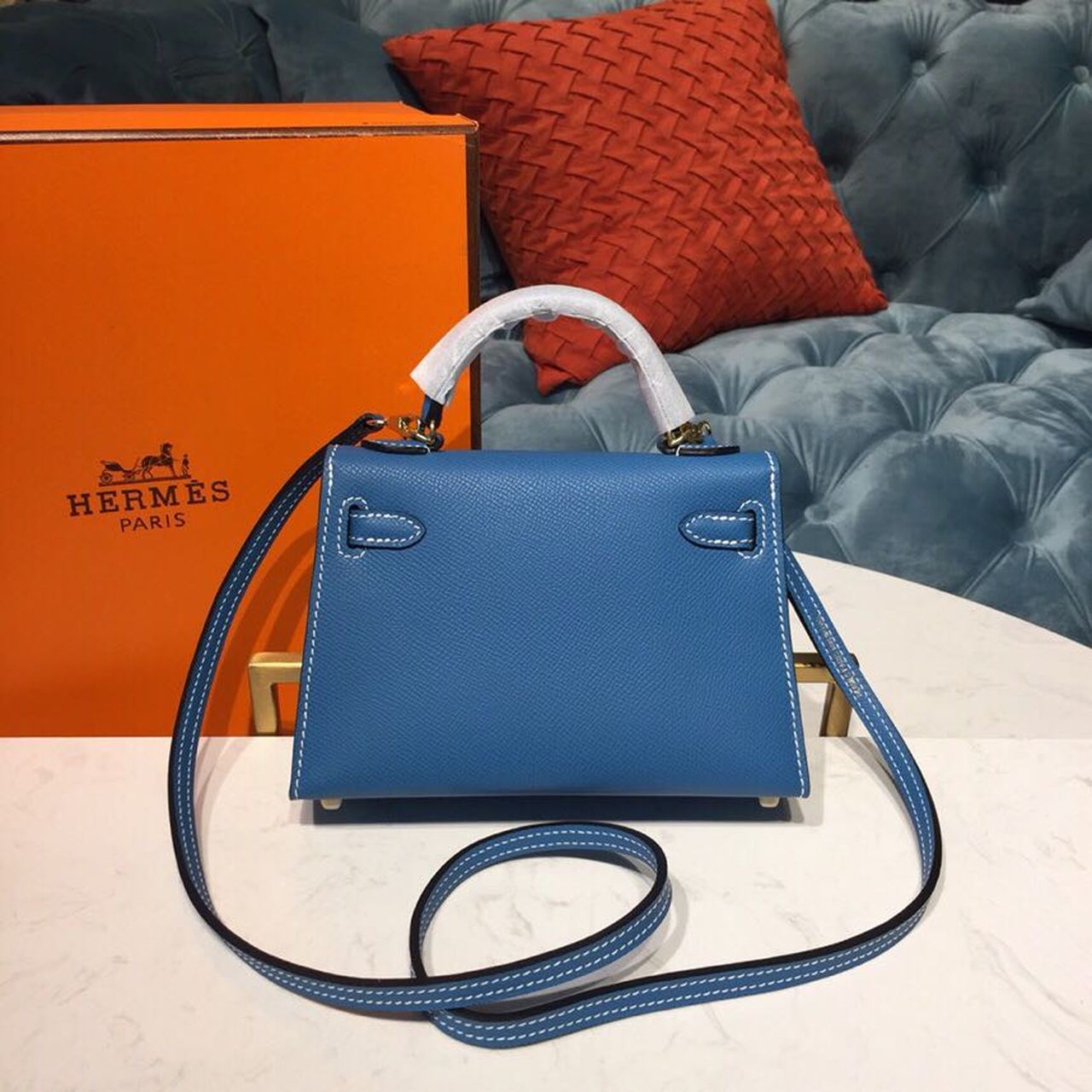 Top Quality Mini Kelly Blue Zanzibar For Women Gold Toned Hardware 7.5in/19cm