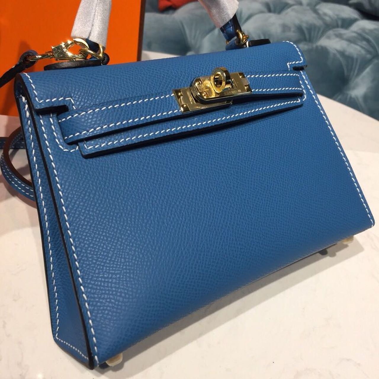Top Quality Mini Kelly Blue Zanzibar For Women Gold Toned Hardware 7.5in/19cm
