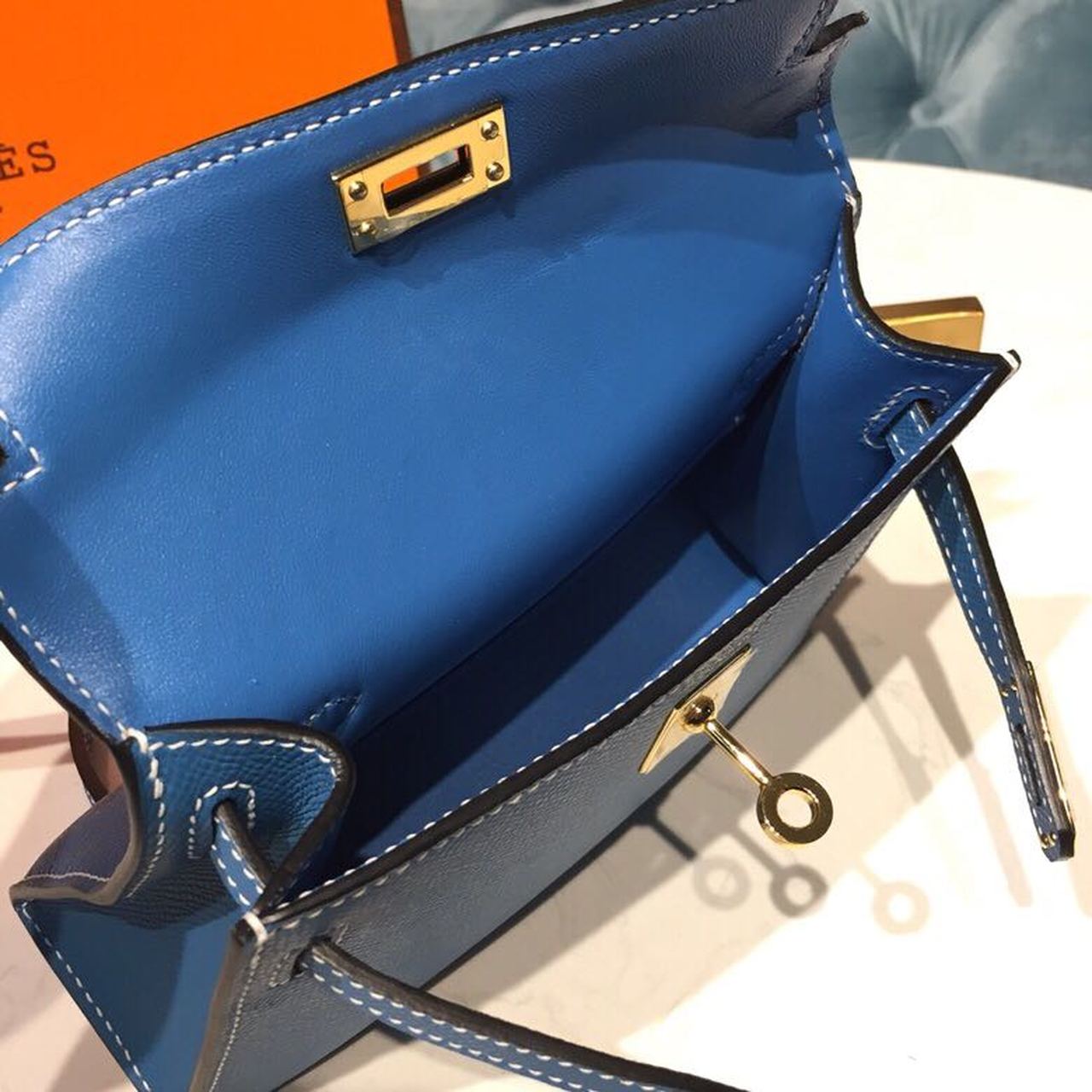 Top Quality Mini Kelly Blue Zanzibar For Women Gold Toned Hardware 7.5in/19cm