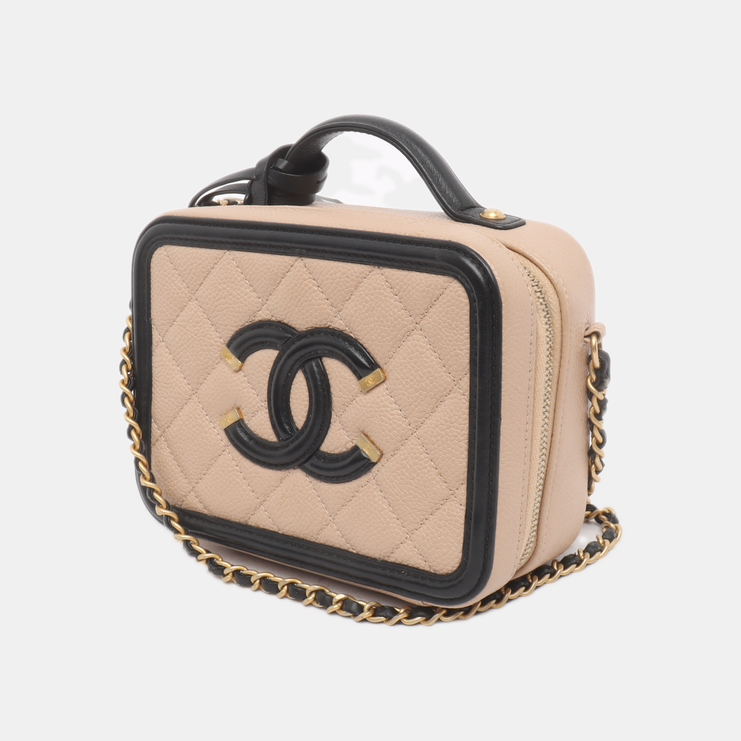 Chanel Filigree Mini Vanity Case Caviar Leather Beige with Black Trim, 2018-2019